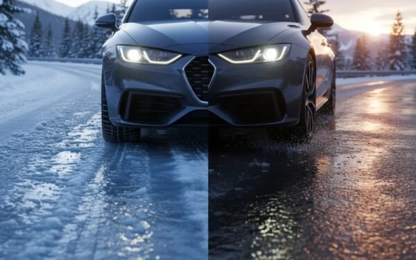 Photorealistic winter driving scene showing high-performance tire tread gripping ice and wet slushy roads without any text.