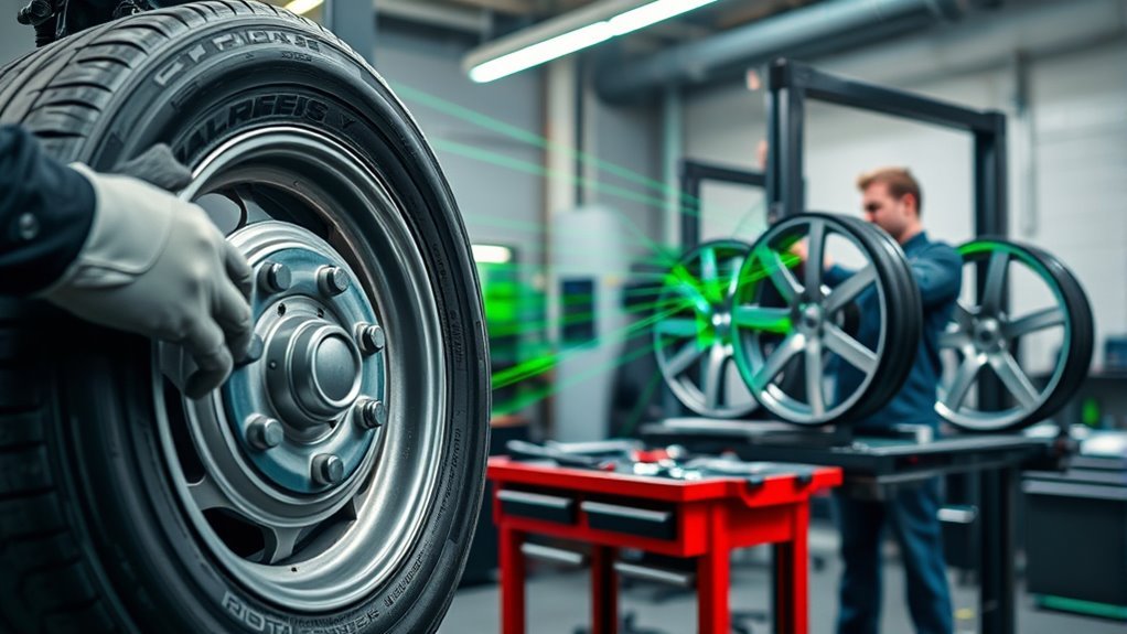 Precision tire balancing and wheel alignment adjustments at a service shop