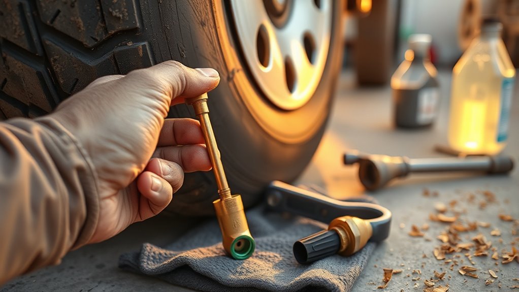 Preventive tire maintenance on a Toyota 4Runner valve stem and wheel to avoid repeat leaks