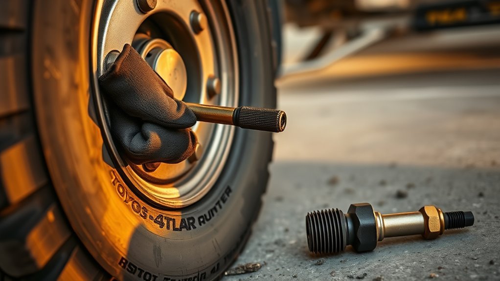 Professional tire shop installing a valve stem and TPMS service parts on a wheel