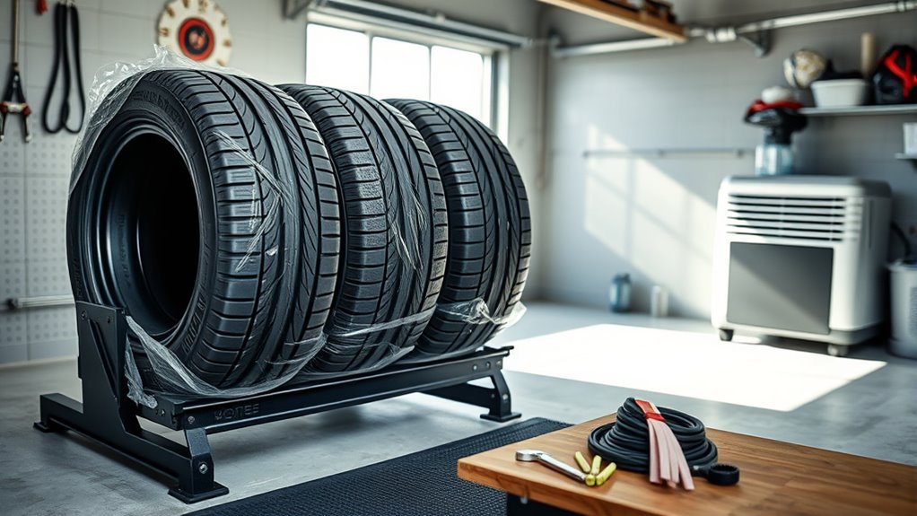 upright winter tire storage in a climate-controlled garage