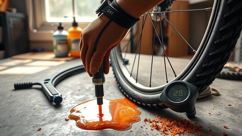 rider checking tubeless tire sealant level during regular maintenance