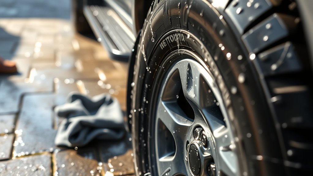 Rinsing and drying Toyota Hilux tires before applying sidewall protection