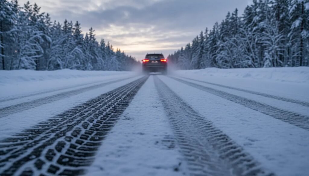 Side-by-side view of studded and studless winter tire treads on a snowy road showing traction in cold weather.