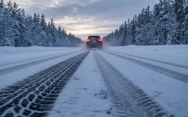 Side-by-side view of studded and studless winter tire treads on a snowy road showing traction in cold weather.