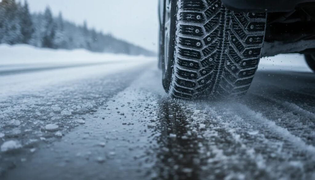 Close-up of a studded winter tire gripping glare ice on a snowy road in winter conditions