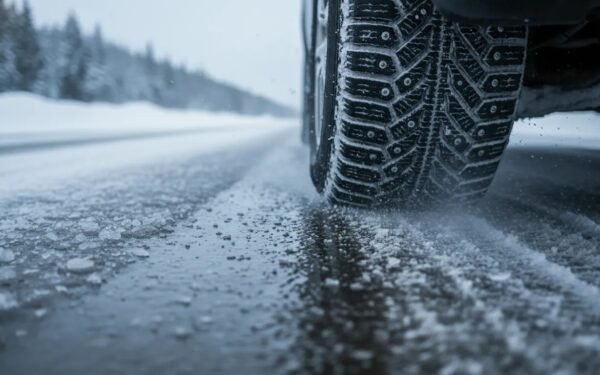 Close-up of a studded winter tire gripping glare ice on a snowy road in winter conditions