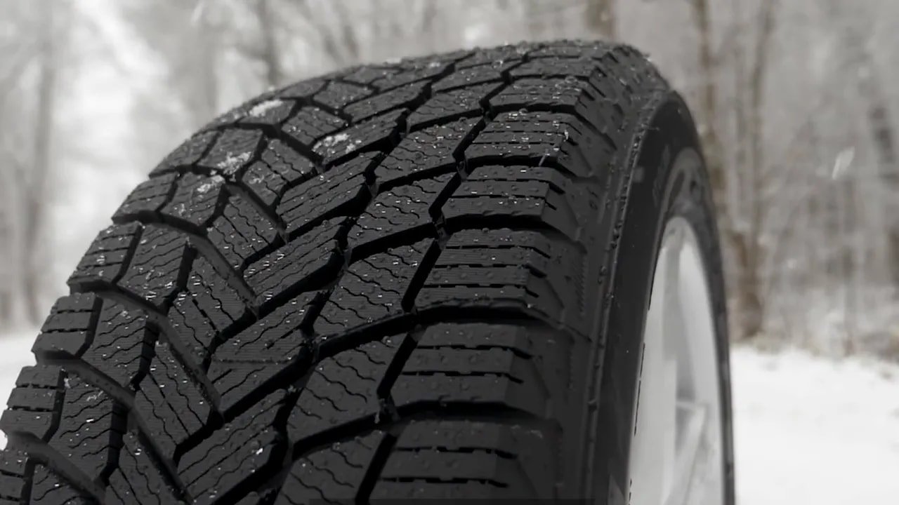 Studless winter tire tread close-up showing snow and wet traction patterns
