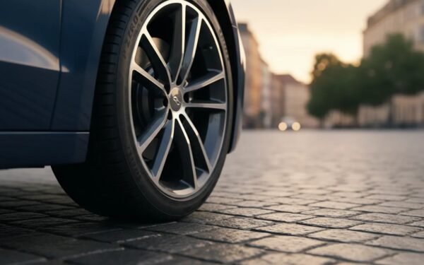 Close-up of a modern summer tire on a car wheel with detailed tread, on a wet-reflective summer road during golden hour, conveying grip, wet safety, and comfort.