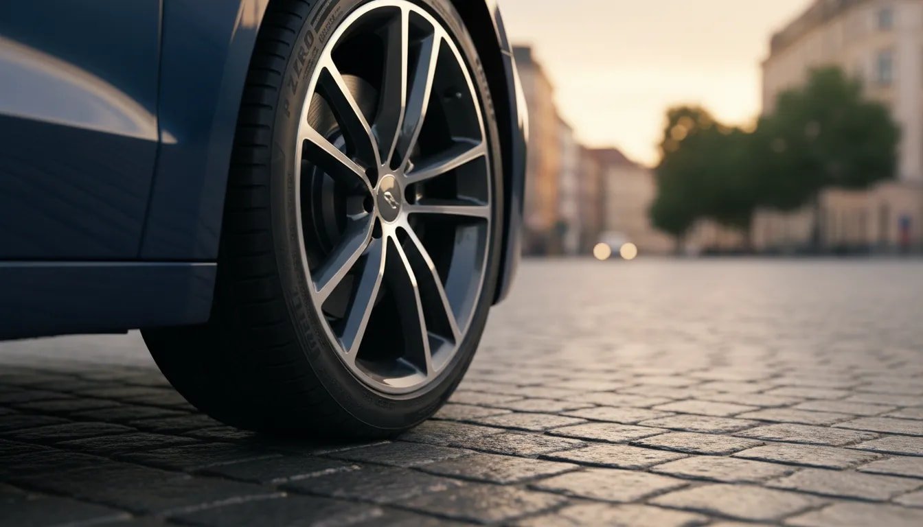 Close-up of a modern summer tire on a car wheel with detailed tread, on a wet-reflective summer road during golden hour, conveying grip, wet safety, and comfort.