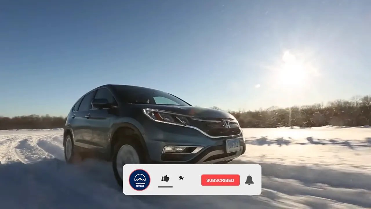 SUV driving on a snow and ice test surface for all-weather tire evaluation