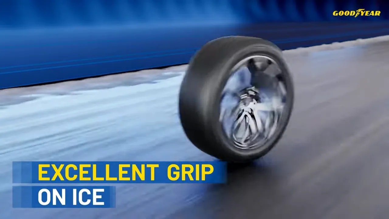 Car tire rolling on ice during winter traction testing