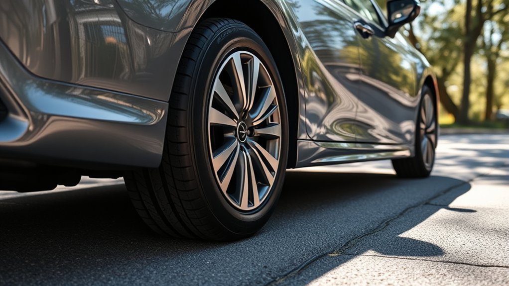 Inspecting Toyota Camry tires for pressure, tread wear, and damage