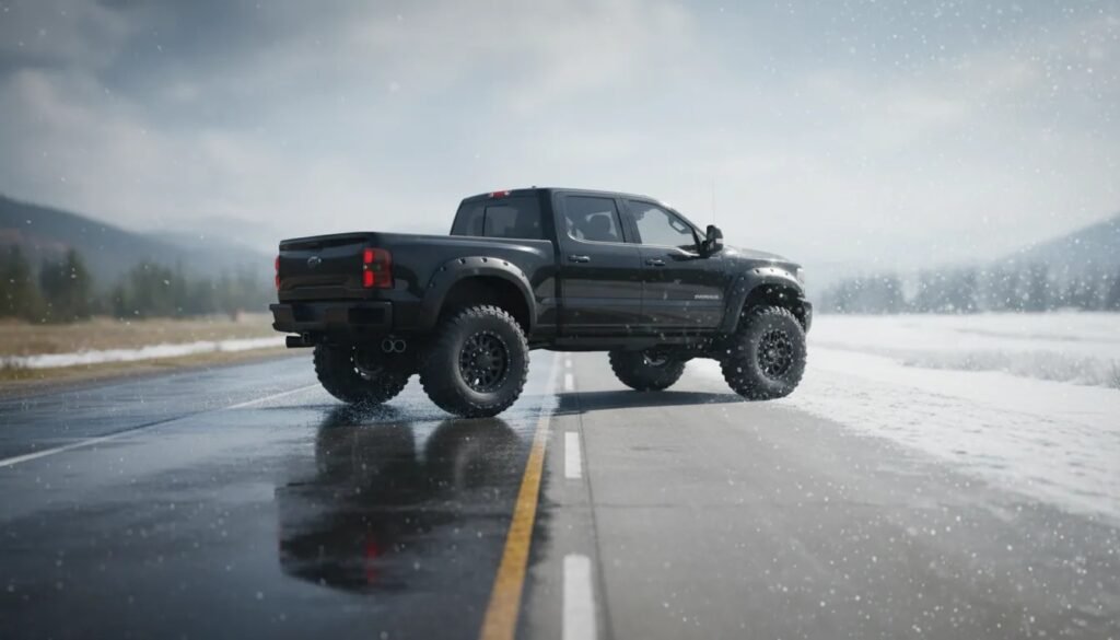 Truck all-weather tires driving through rainy, clear, and snowy conditions on a split road for year-round performance.