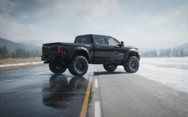 Truck all-weather tires driving through rainy, clear, and snowy conditions on a split road for year-round performance.