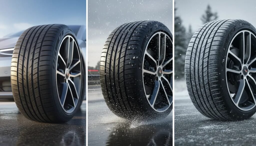 Photorealistic image of UHP all-season tires demonstrating performance in dry, wet, and light winter conditions, with rain spray and subtle frost effects and no text.