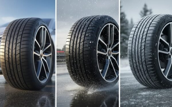 Photorealistic image of UHP all-season tires demonstrating performance in dry, wet, and light winter conditions, with rain spray and subtle frost effects and no text.