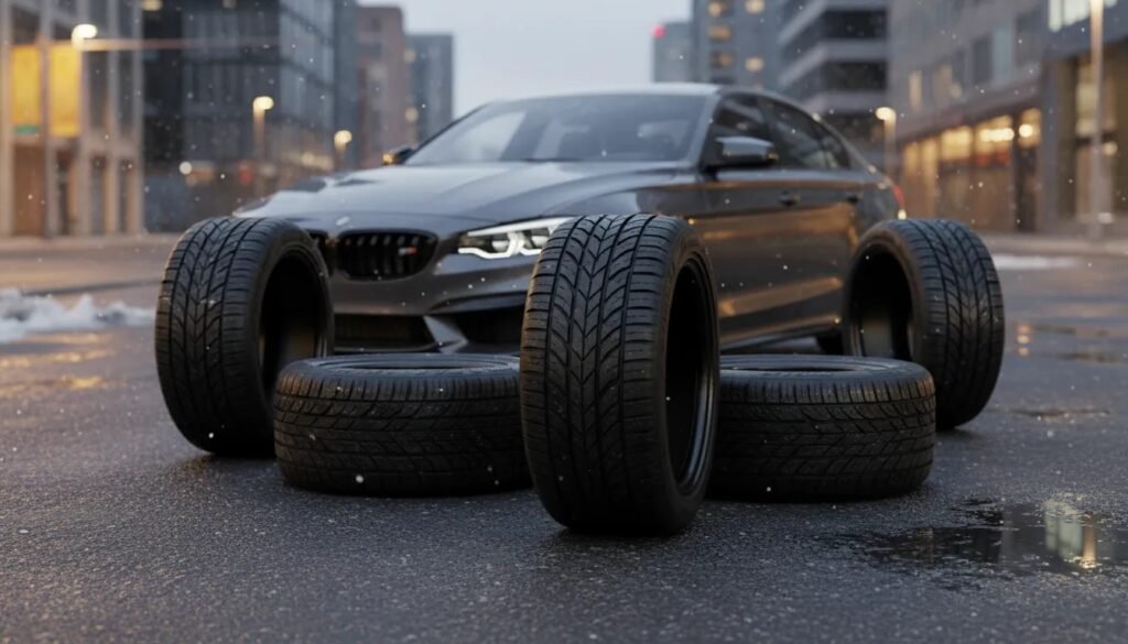 Photorealistic image of a modern sedan with ultra-high-performance all-season tires, showing confident traction on dry and lightly wet pavement with subtle light-snow atmosphere in the background.