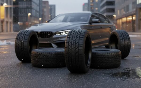 Photorealistic image of a modern sedan with ultra-high-performance all-season tires, showing confident traction on dry and lightly wet pavement with subtle light-snow atmosphere in the background.