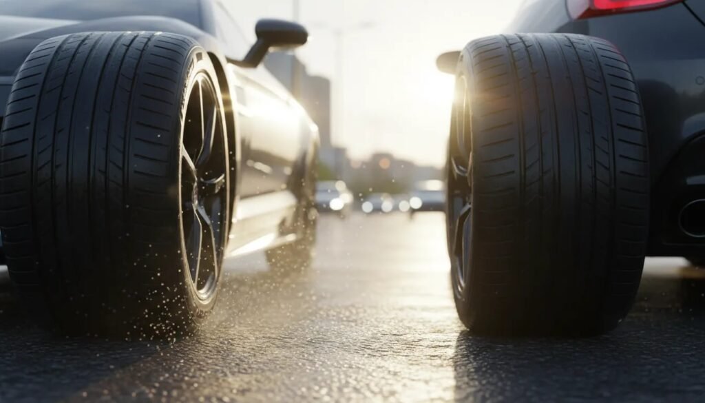 Photorealistic view of ultra-high-performance summer tires on a sporty car with wet asphalt sheen to highlight wet grip and responsive handling, no text