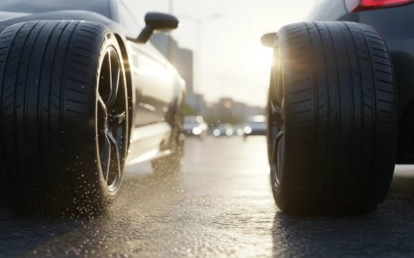 Photorealistic view of ultra-high-performance summer tires on a sporty car with wet asphalt sheen to highlight wet grip and responsive handling, no text