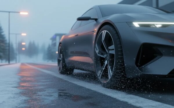 Photorealistic close-up of a performance winter tire on a snowy, wet road showing detailed UHP tread in cold conditions