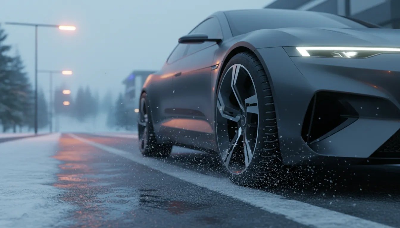 Photorealistic close-up of a performance winter tire on a snowy, wet road showing detailed UHP tread in cold conditions