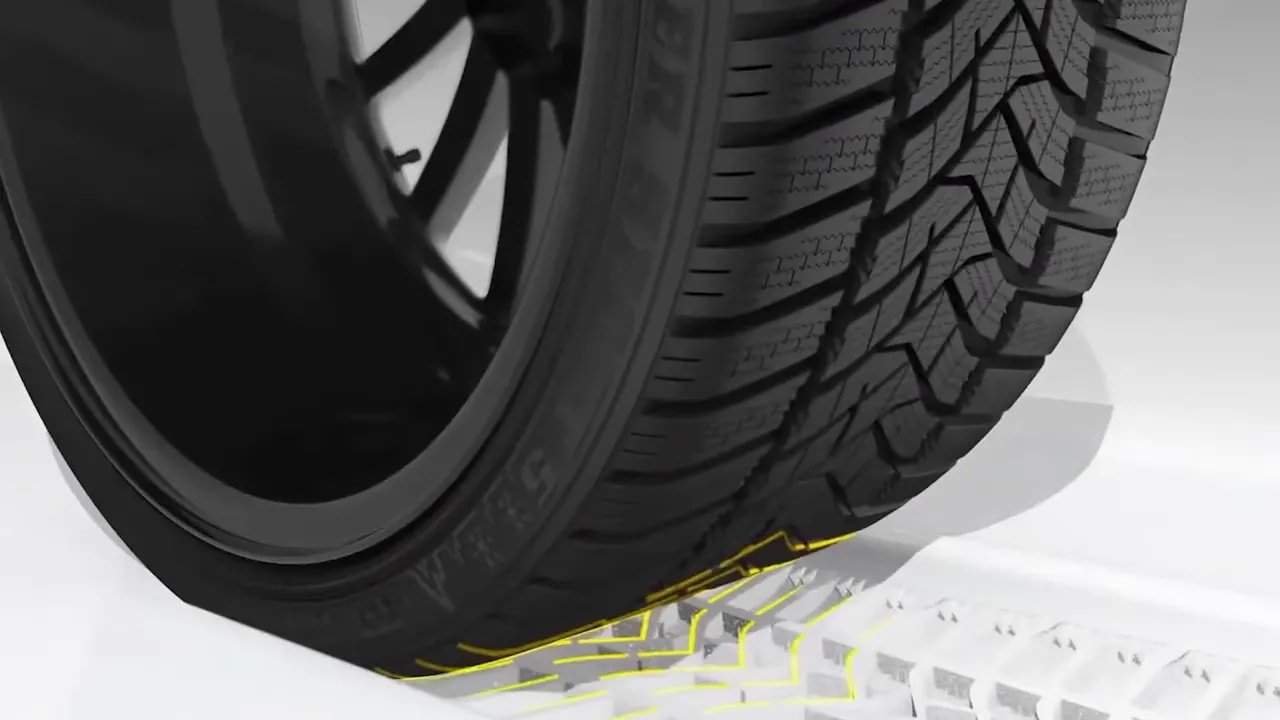 Close-up of UHP winter tire tread with snow traction sipes