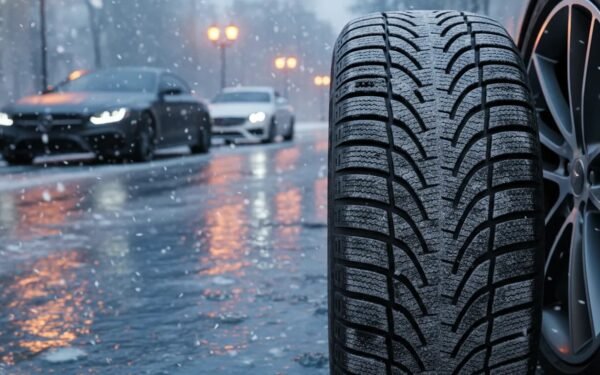 Close-up of a winter tire tread with detailed siping on a snowy, icy wet road beside a modern sporty sedan at dusk, showing ultra-high-performance winter traction.