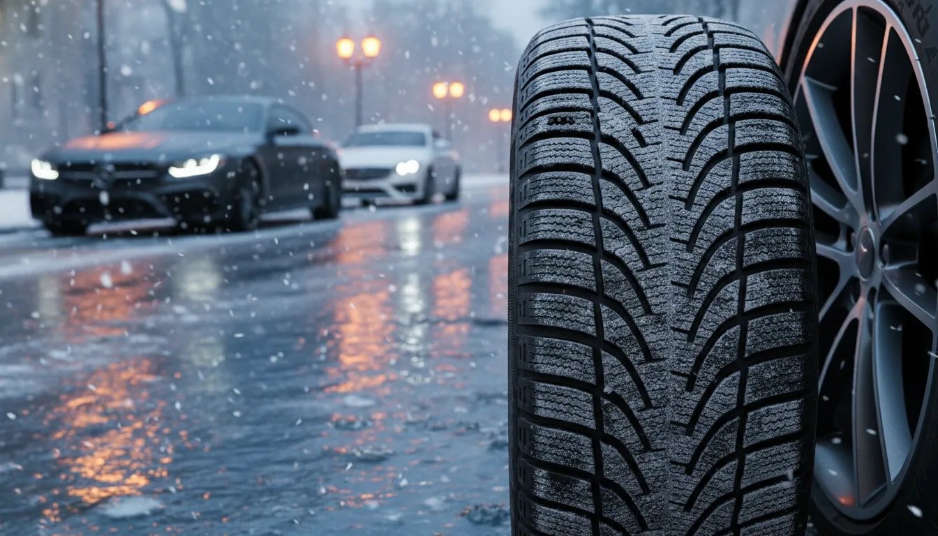 Close-up of a winter tire tread with detailed siping on a snowy, icy wet road beside a modern sporty sedan at dusk, showing ultra-high-performance winter traction.