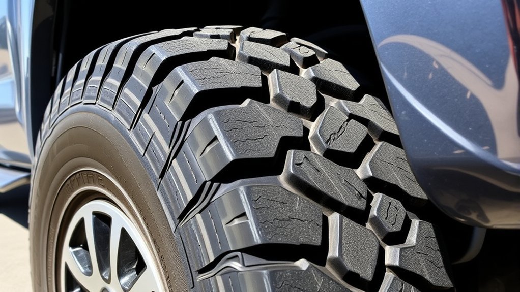 Close-up of uneven feathered tire tread wear on a vehicle tire