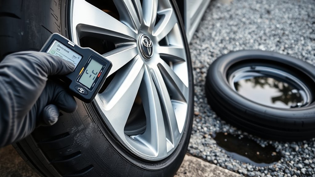 Checking Toyota Camry tire pressure with a handheld gauge