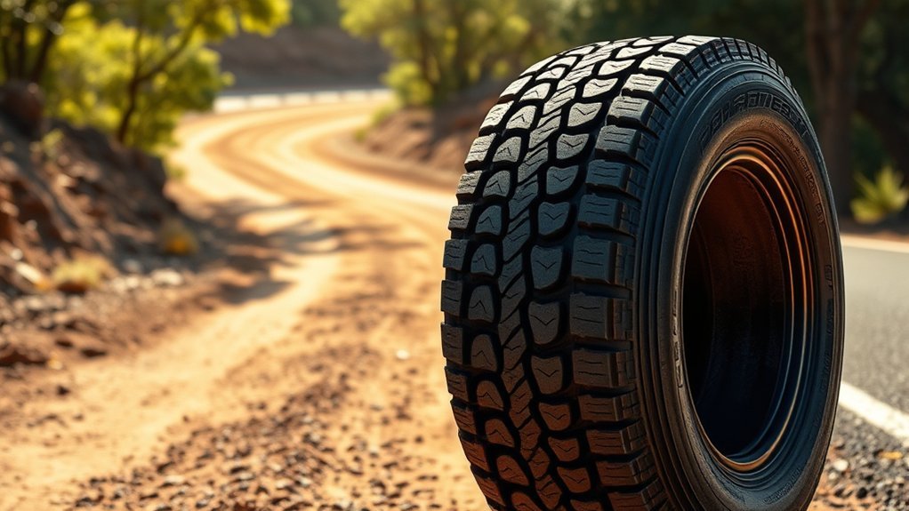 Hybrid-terrain tire traveling from pavement onto a rough off-road surface