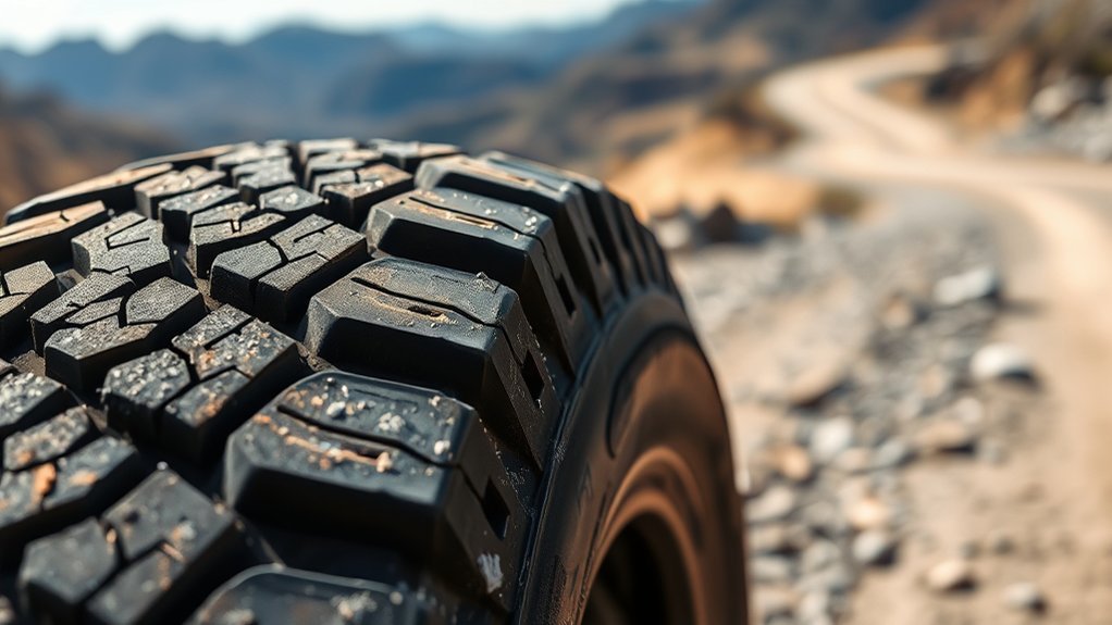 Truck using hybrid-terrain tires across pavement, gravel, dirt, and rocky terrain