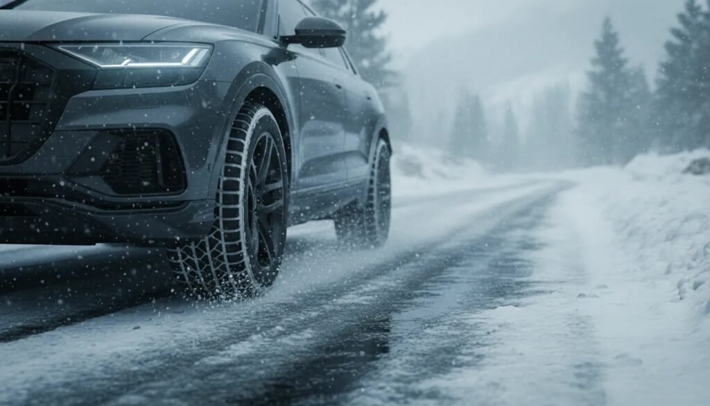 Snowy road scene showing an all-terrain tire tread on a winter-ready SUV for traction in snow and slush.