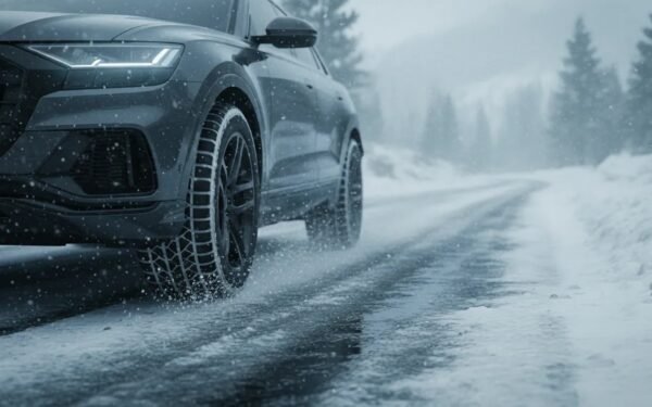 Snowy road scene showing an all-terrain tire tread on a winter-ready SUV for traction in snow and slush.