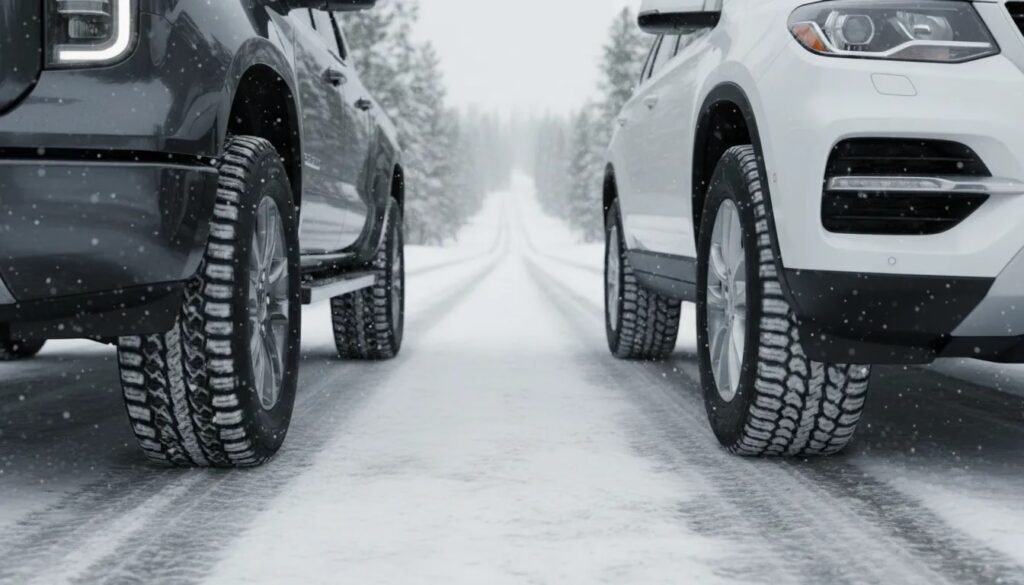 Close-up of winter tires on a truck and SUV with deep tread for snow and ice traction on a snowy road.
