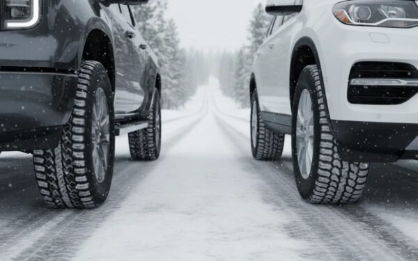 Close-up of winter tires on a truck and SUV with deep tread for snow and ice traction on a snowy road.