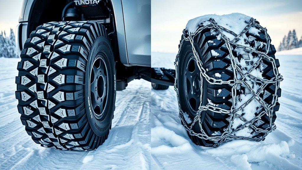 Winter traction equipment comparison showing tire chains and studded tires for snowy roads