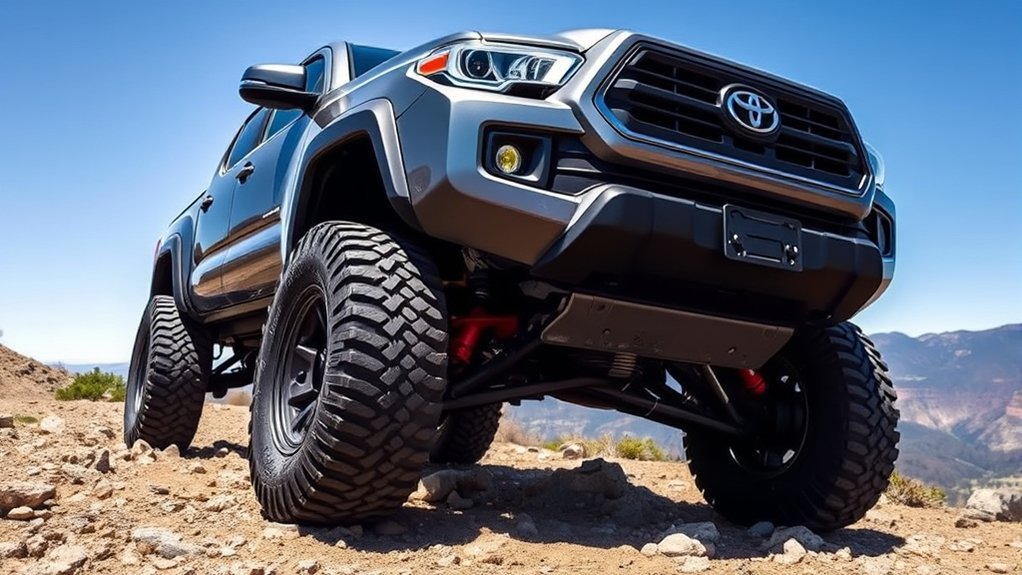 Toyota Tacoma with 33-inch tires showing increased clearance and maintenance trade-offs