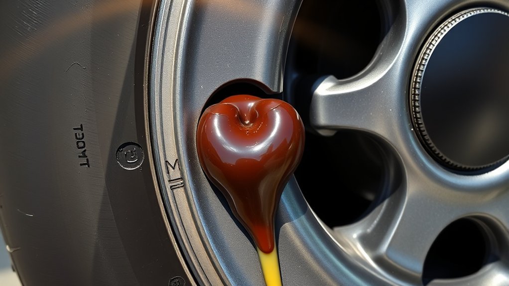 Tire sealant residue near TPMS sensor inside a wheel
