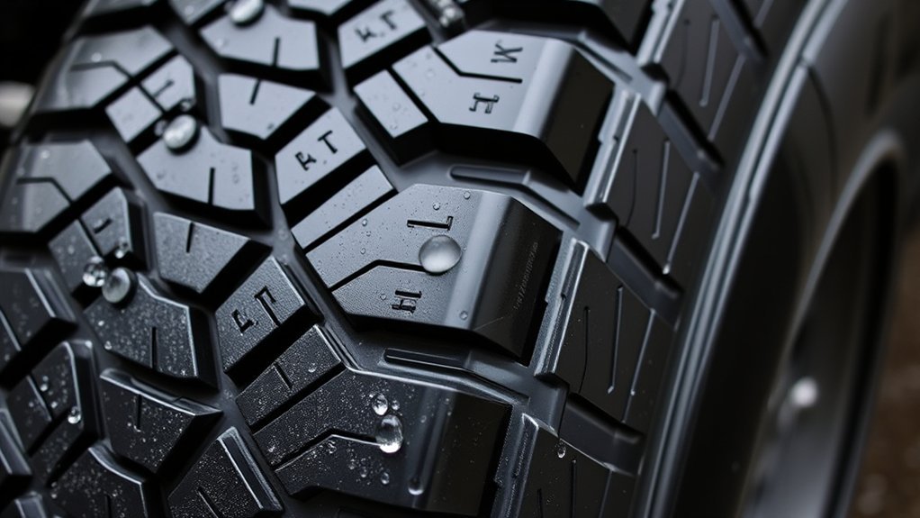 Close-up of siped tire tread showing small cuts that help improve traction on a Toyota Tacoma