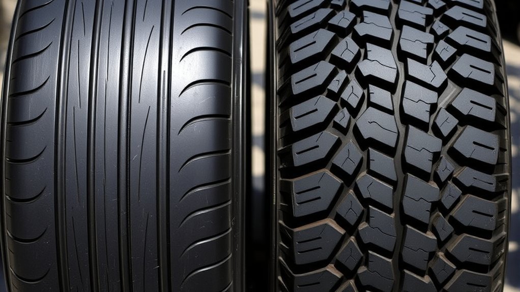 Street and off-road tire tread designs show how tread pattern affects performance
