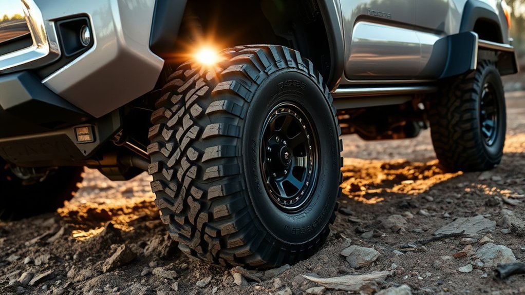 Wider all-terrain tires fitted to a Toyota Tacoma