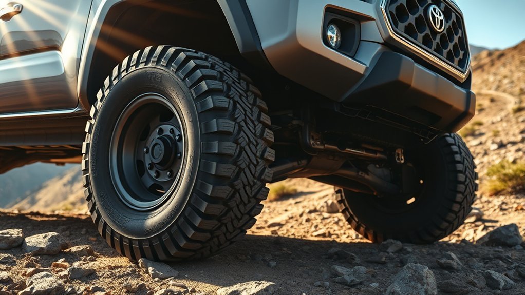 Toyota Tacoma with wider tires on an off-road trail