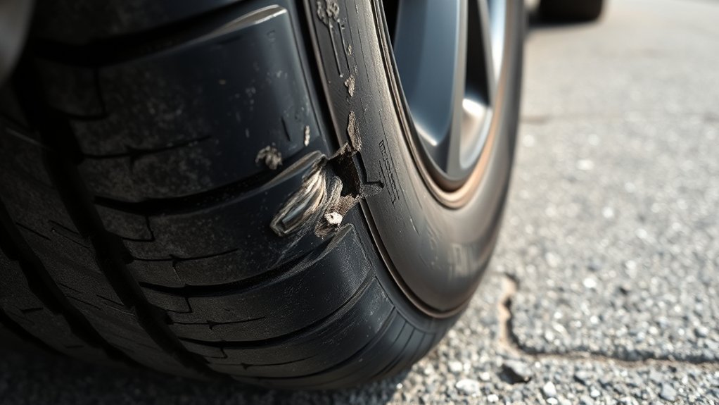 broken tire belt signs on tread and sidewall