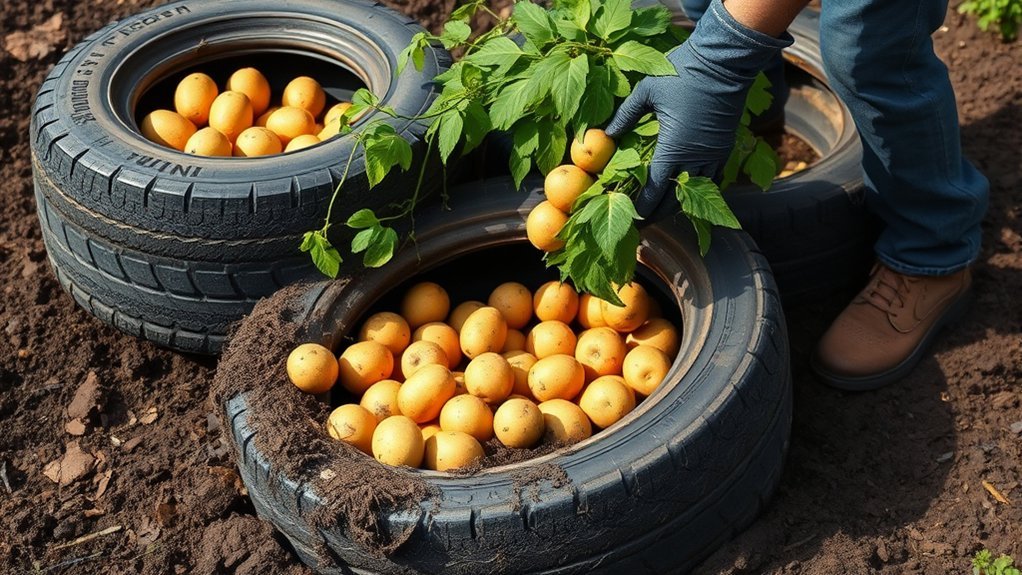 harvesting tire grown potatoes