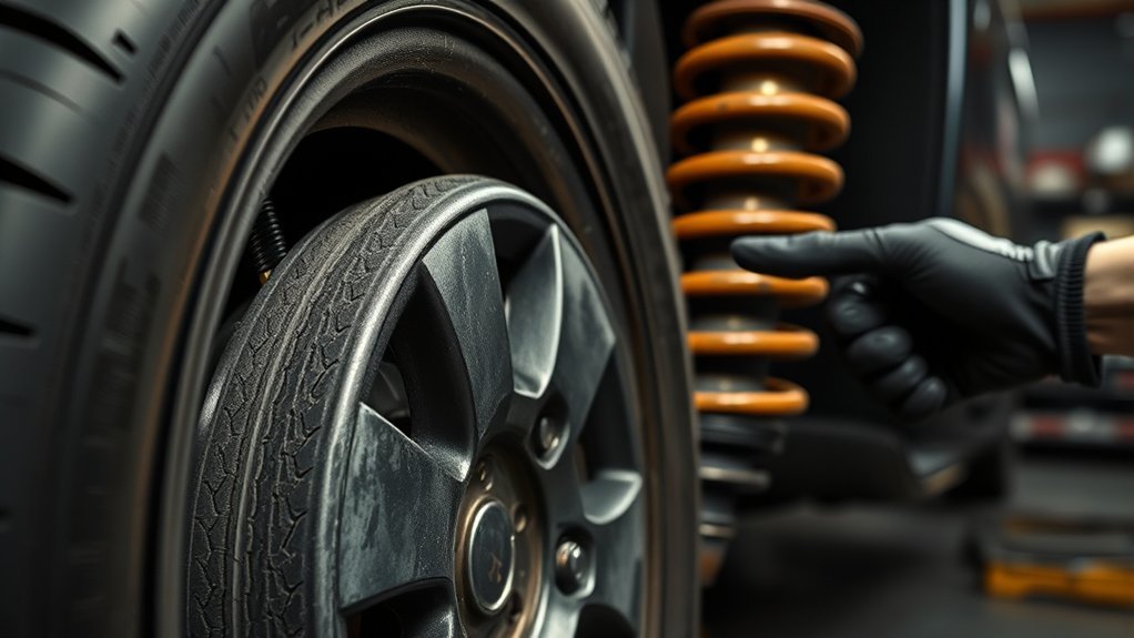 inspect shocks and struts for leaks and suspension wear