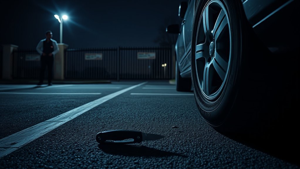 Vehicle parked in a well-lit area with security measures to help prevent tire vandalism