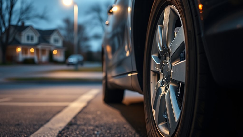 driver checking surroundings before inspecting a tire